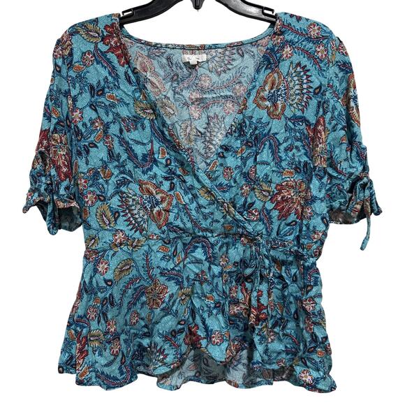 Maurices Shirt Womens XL Blue Green Floral Faux Wrap Peplum Boho Rayon Top - Picture 1 of 7